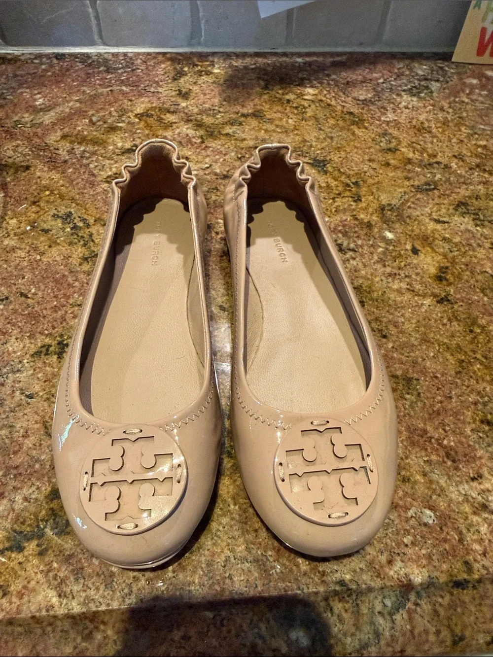 Tory Burch Nude Patent Leather Logo Ballet Flats